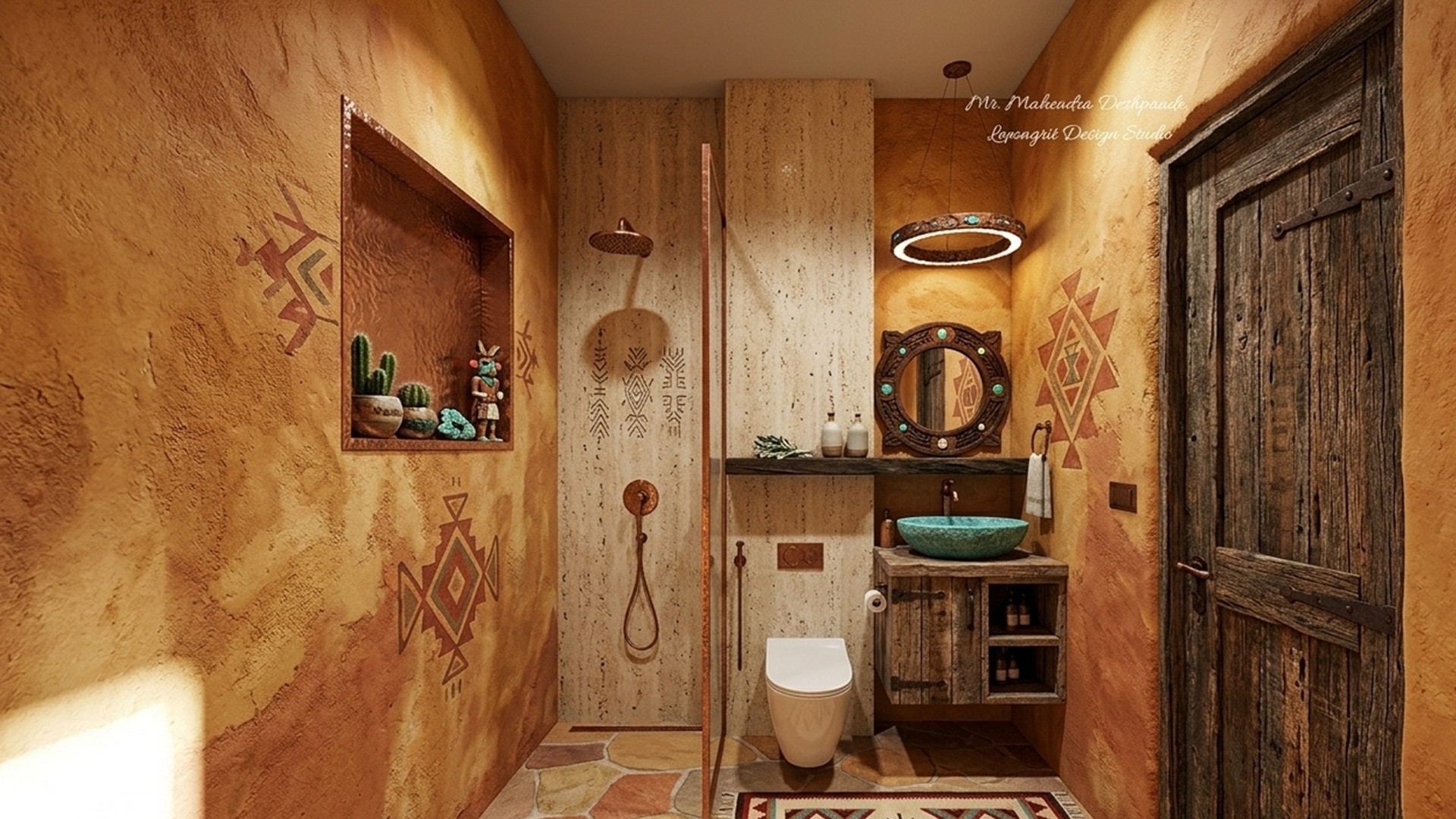 A southwestern style bathroom layout showcasing a rustic bathroom design with warm terracotta-plastered walls, natural stone tiling, a deeply grained wooden floating vanity with a vessel sink, and an illuminated circular mirror.