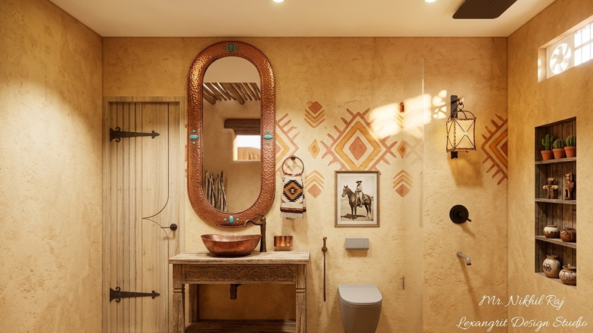 A southwestern style bathroom layout showcasing country bathroom ideas with warm sand-textured terracotta walls, an arched copper frame mirror over a rustic wood sink vanity, and exposed wooden structural beams.