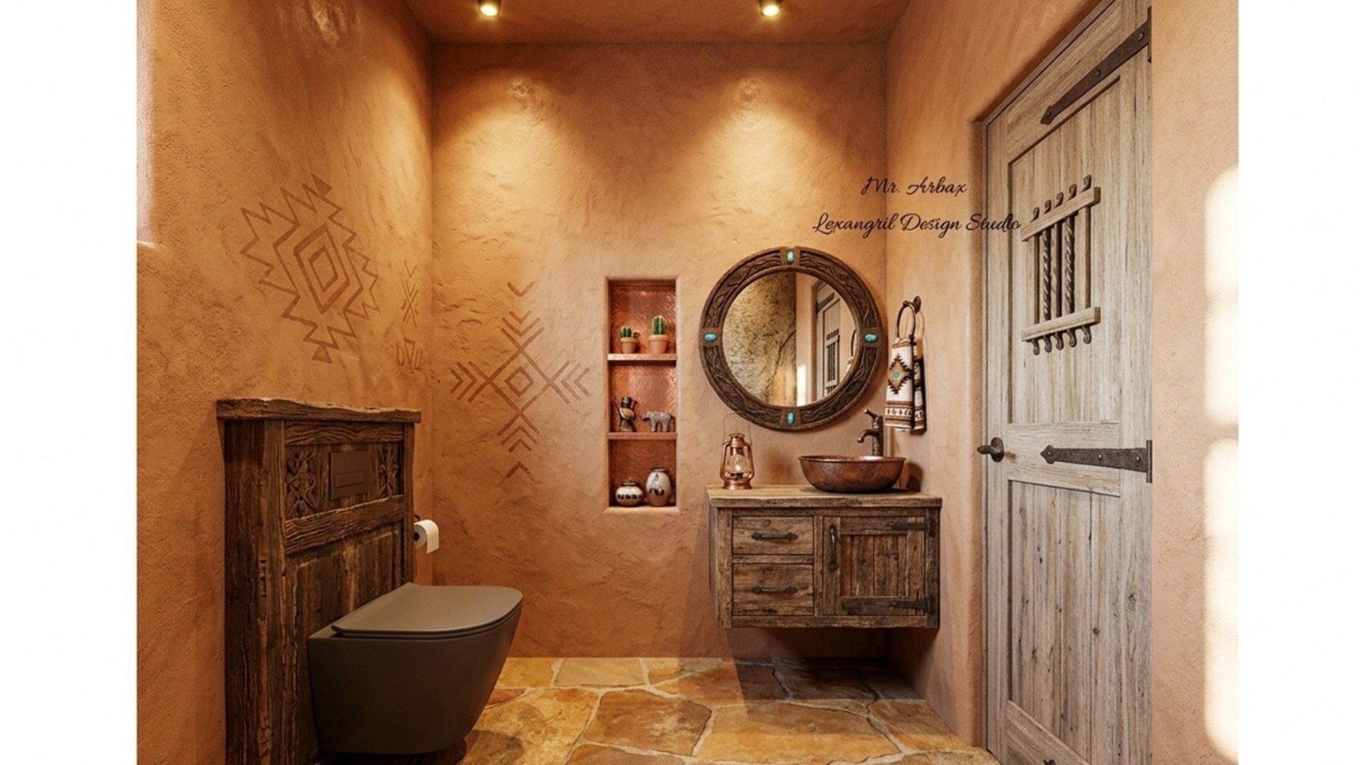 A southwestern style bathroom layout showcasing a rustic bathroom design with warm terracotta stucco walls, a rough slate floor, a rugged floating wood vanity next to a wooden door, and a round mirror over a dark vessel sink.