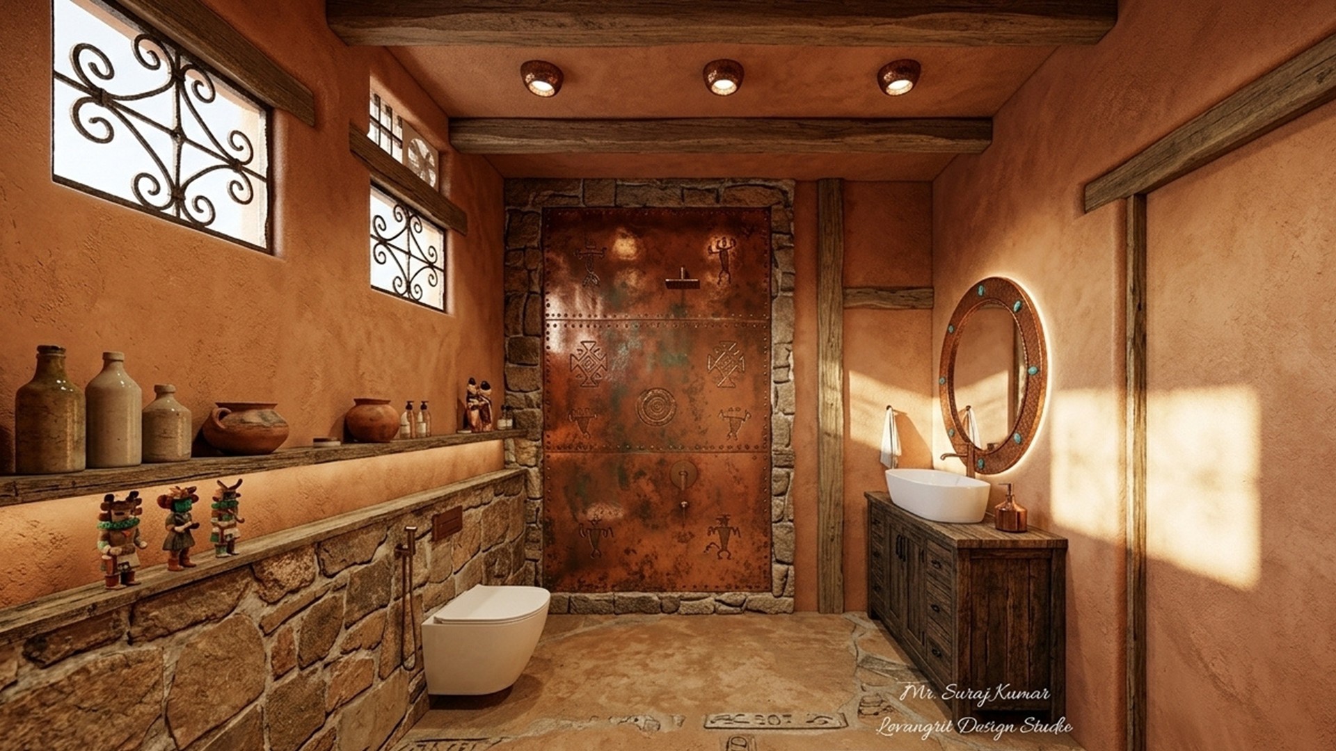 A southwestern style bathroom layout showcasing a rustic bathroom design with warm sand-textured walls, a prominent teal stacked-stone accent partition, an illuminated circular mirror over a stone vessel sink, and rugged wood cabinetry.