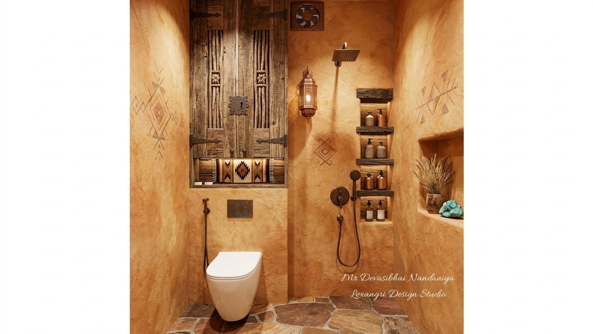 A southwestern style bathroom layout showcasing a rustic bathroom design with warm terracotta-plastered walls, built-in storage niches, a floating wooden accent cabinet over a wall-mounted toilet, and rustic copper hardware.