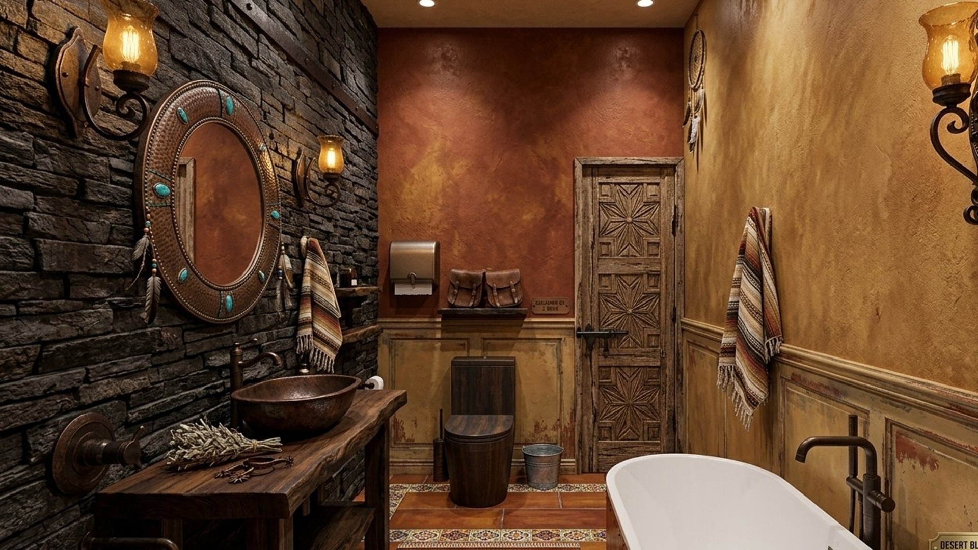 A beautifully transformed Southwestern style bathroom featuring textured terracotta stucco walls, a rustic wood vanity station, a modern freestanding bathtub, and country bathroom elements.