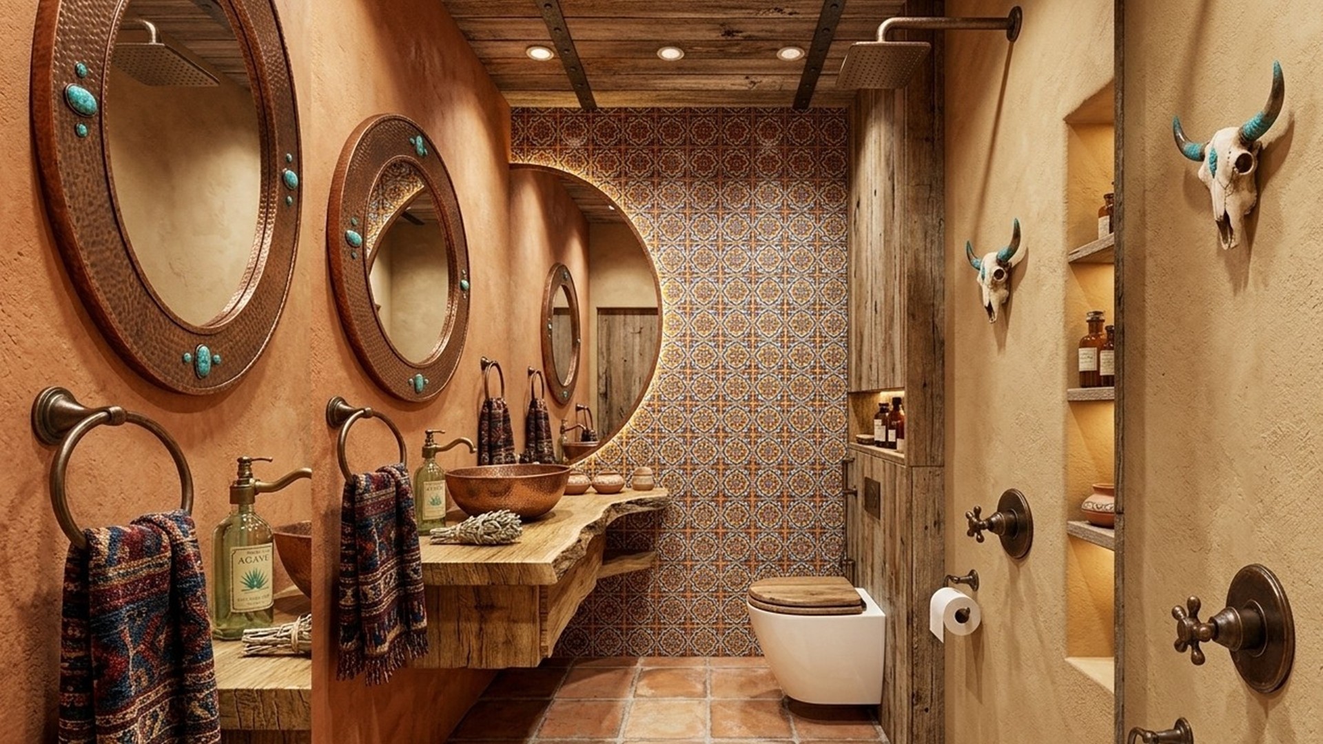A Southwestern style bathroom featuring textured terracotta walls, rustic saltillo floor tiles, a live-edge wooden vanity counter with a hammered copper vessel sink, and a weathered wood accent wall in the shower area.