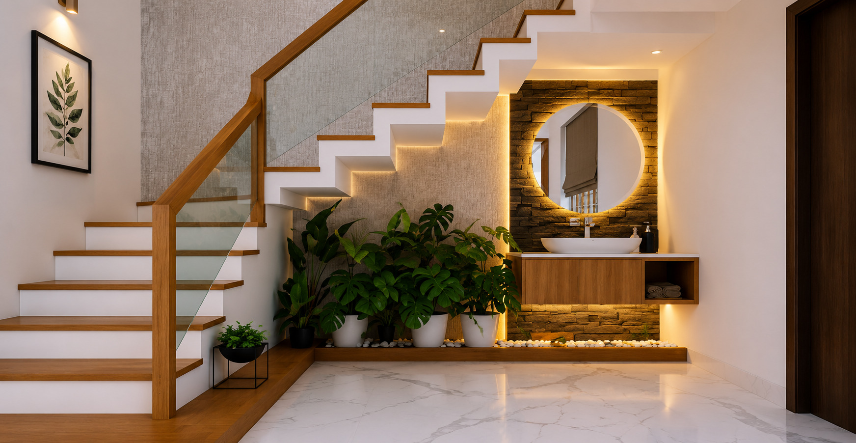 Elegant under stair wash basin design featuring a floating vanity, textured stone wall, LED lighting, and decorative greenery.
