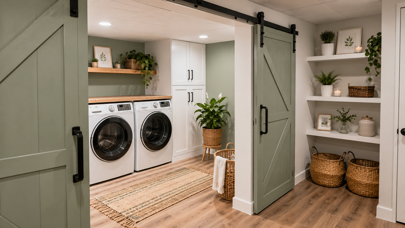 A stylish and organized laundry room featuring a rustic sliding barn door, custom cabinetry, floating shelves, indoor plants, and smart storage solutions.