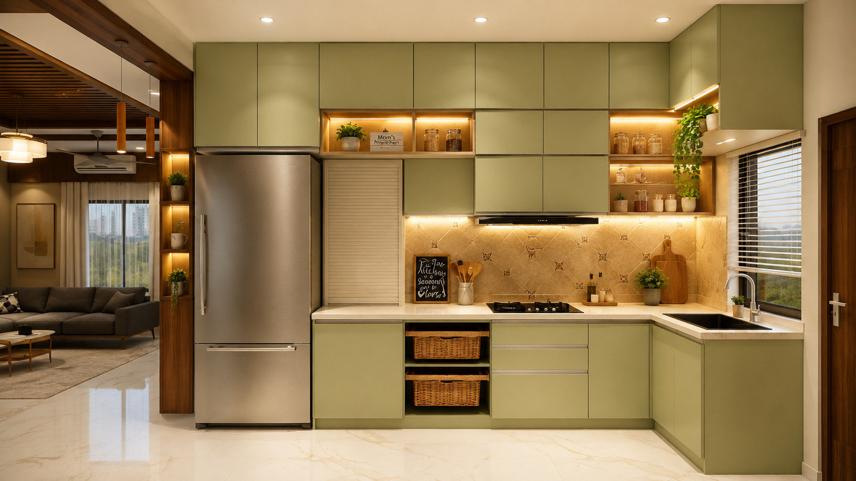 A stylish modular kitchen showcasing practical storage hacks such as open wooden shelves, pull-out baskets, overhead cabinets, countertop organizers, and warm LED lighting. The design maximizes storage while maintaining a clean, modern look, making it ideal for both small apartments and spacious family kitchens.