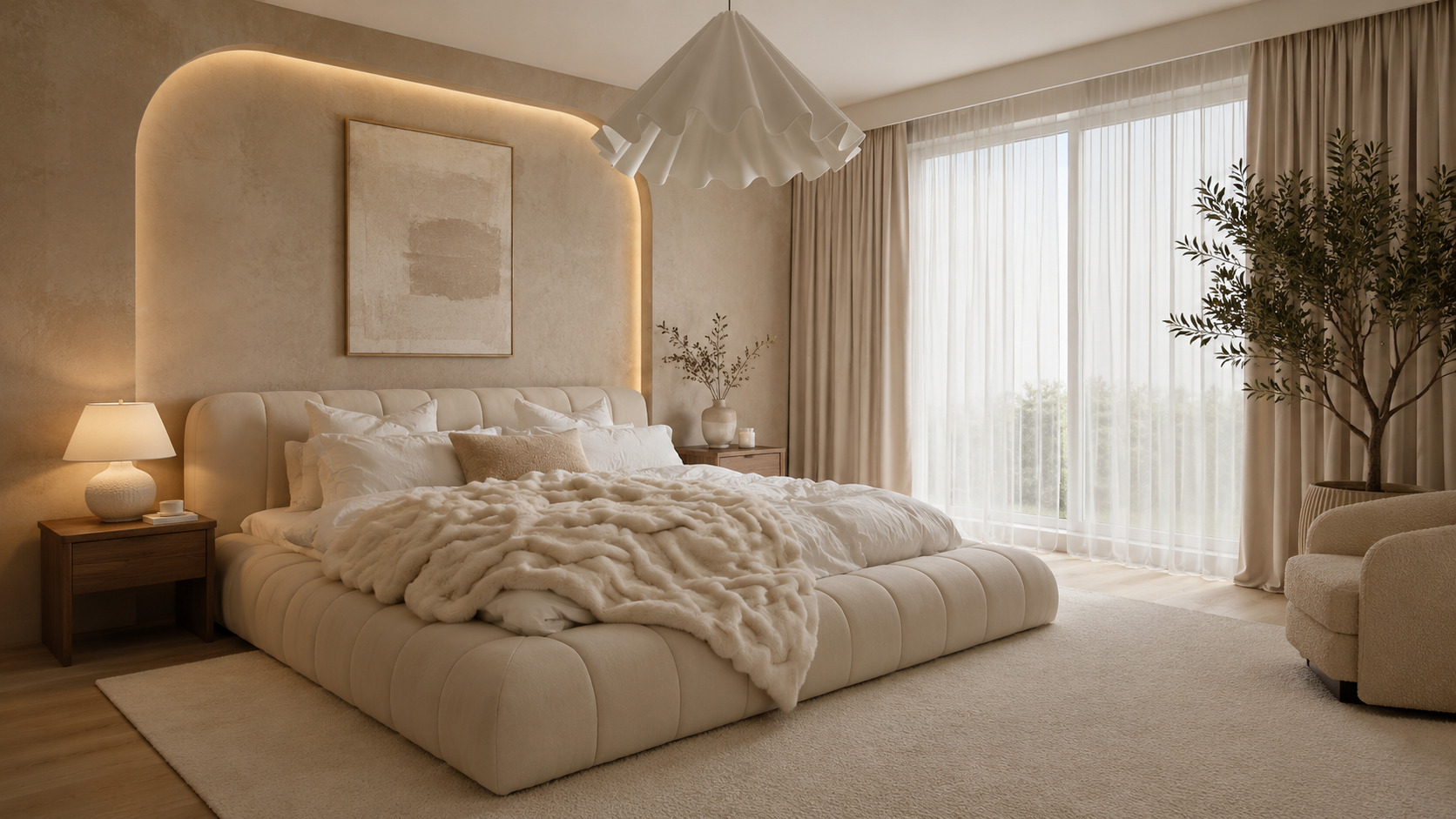 A cozy contemporary bedroom featuring a plush upholstered bed, neutral color palette, soft textiles, and elegant minimalist styling.