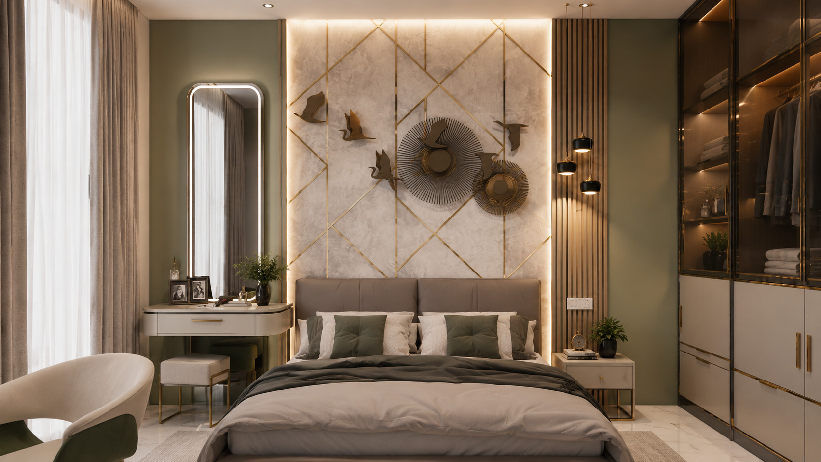 A contemporary luxury bedroom designed with a stunning geometric accent wall, warm LED backlighting, elegant pendant lights, premium upholstered bed, sleek wardrobe with glass panels, and a stylish vanity. This sophisticated interior blends modern aesthetics with functionality, making it an ideal inspiration for creating a dream home.