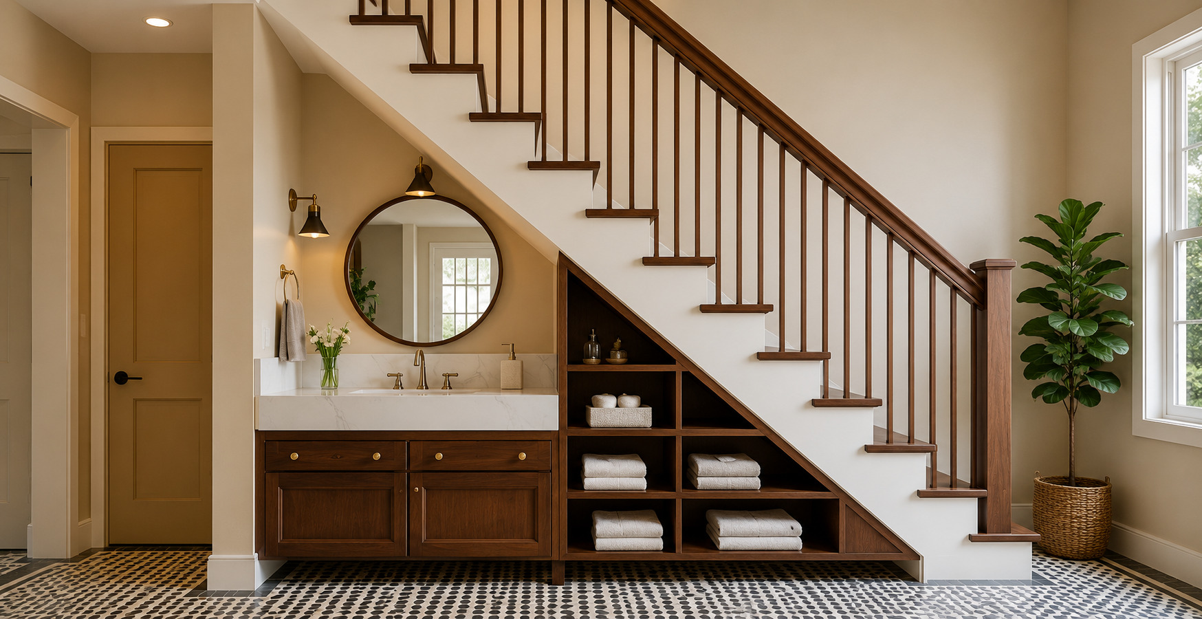 Contemporary under stair wash basin setup designed to maximize unused space with stylish storage and elegant lighting.