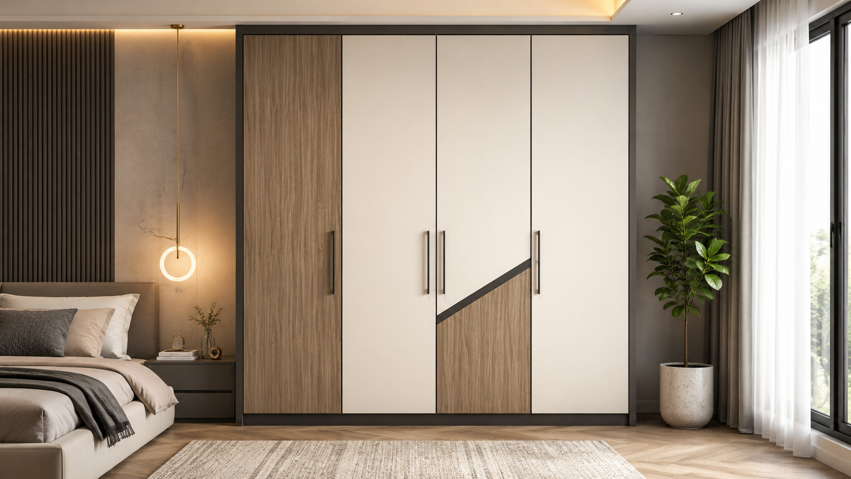 A stylish modular wardrobe showcasing a premium laminate colour combination of walnut wood and ivory, designed to enhance modern bedroom interiors.