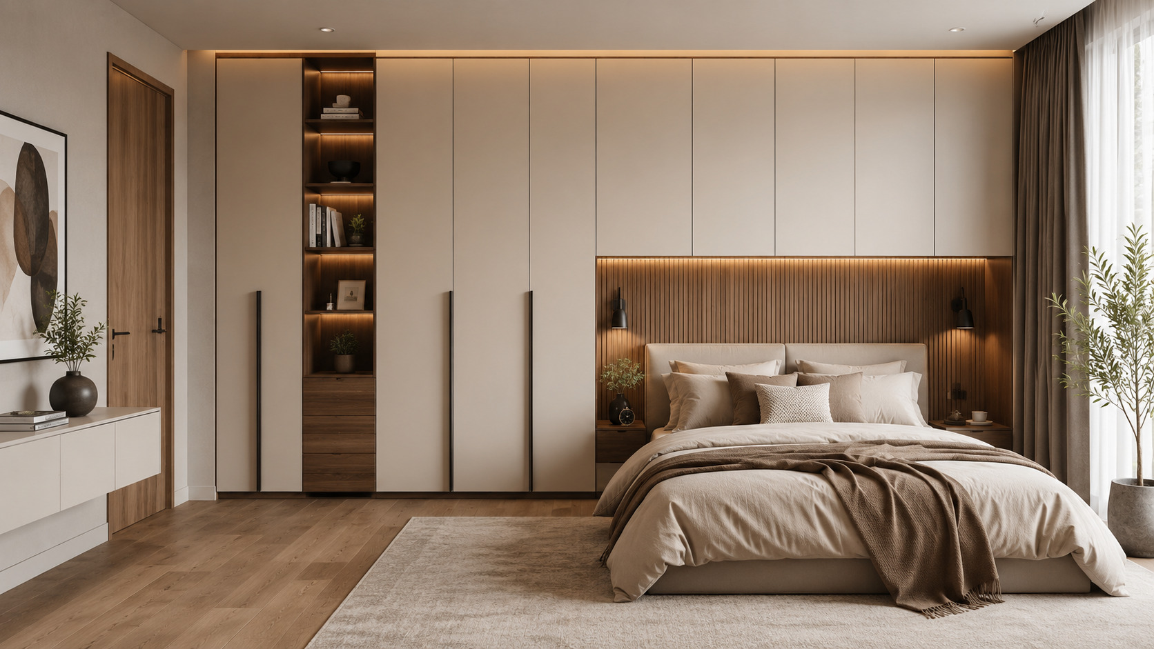 Contemporary wardrobe laminate colour combination design with matte beige, walnut wood finish, and minimalist modern styling.
