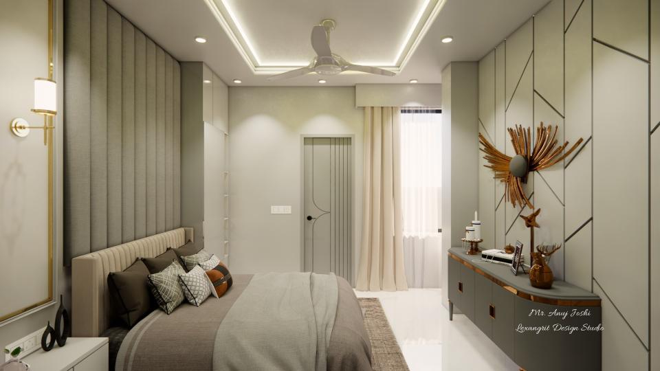 Bedroom luxurious bed and decorative head board design and some storage area