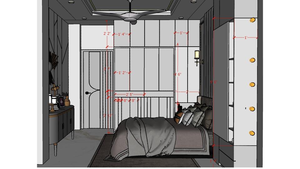 Bedroom showing decorative wall and headboard design with sliding wardrobe  2d dimensions