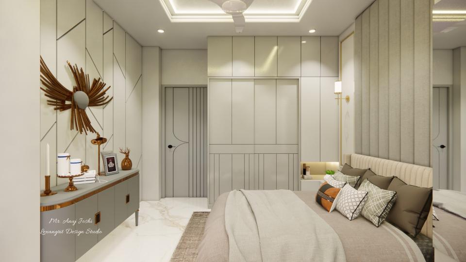 Bedroom showing decorative wall and headboard design with sliding wardrobe