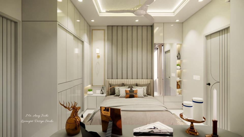 Bedroom showing decorative wall and headboard design with sliding wardrobe , dressing unit