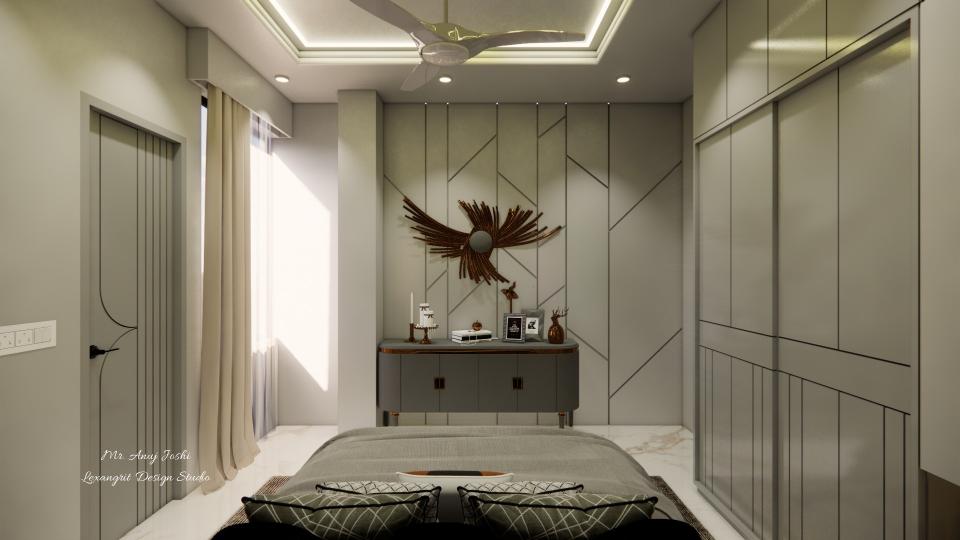 Bedroom showing decorative wall design and sliding wardrobe