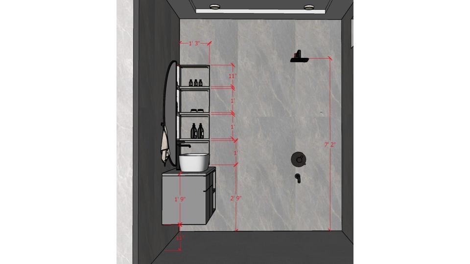 Bedroom Toilet showcasing shower area and vanity unit with half moon shape mirror 2d dimensions