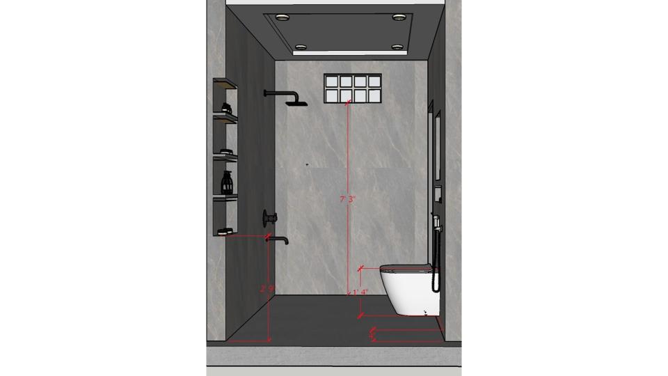 Bedroom Toilet showcasing shower area and vanity unit with half moon shape mirror 2d dimensions