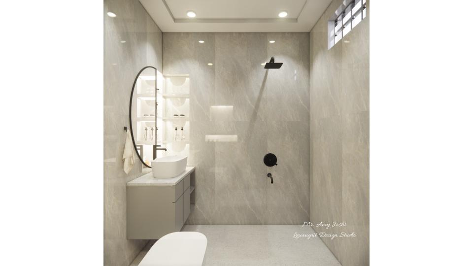 Bedroom Toilet showcasing shower area and vanity unit with half moon shape mirror