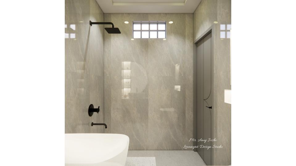 Bedroom Toilet showcasing shower area and vanity unit with half moon shape mirror