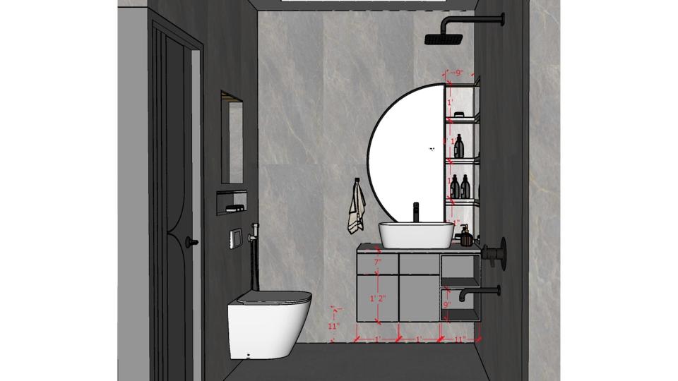 Bedroom Toilet shower area ,wc area and vanity unit  with half moon shape mirror  2d dimensions