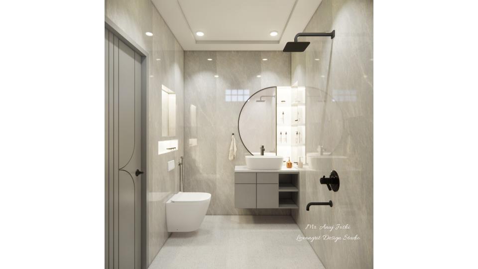Bedroom Toilet shower area ,wc area and vanity unit  with half moon shape mirror