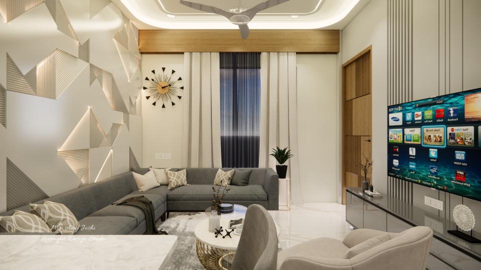 Living room showcasing large sofa set front of center table and sleek tv unit