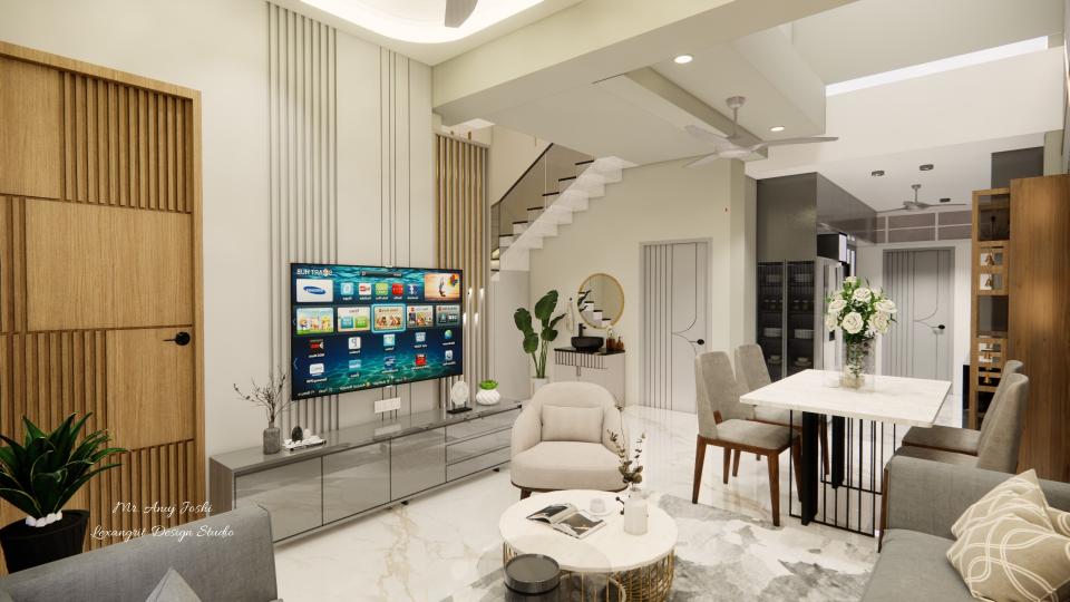 Living room showcasing sleek tv unit and seating area with dining area
