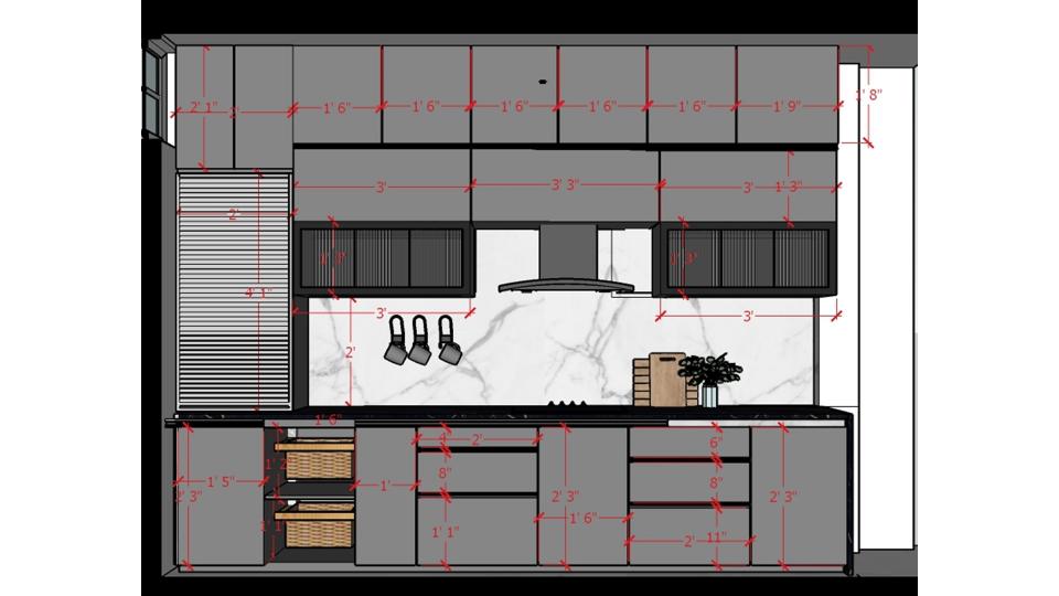 Modular Kitchen cooking area with roller shutters  2d dimensions