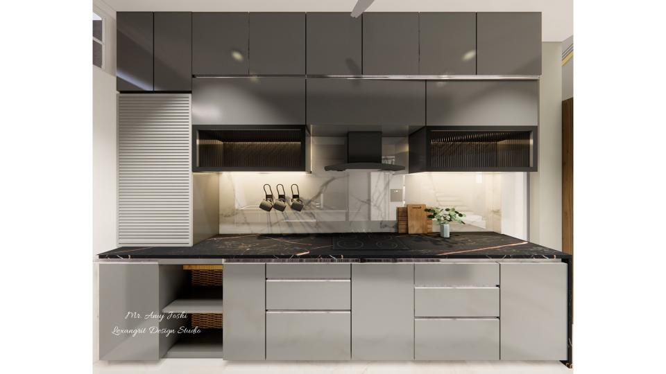 Modular Kitchen cooking area with roller shutters