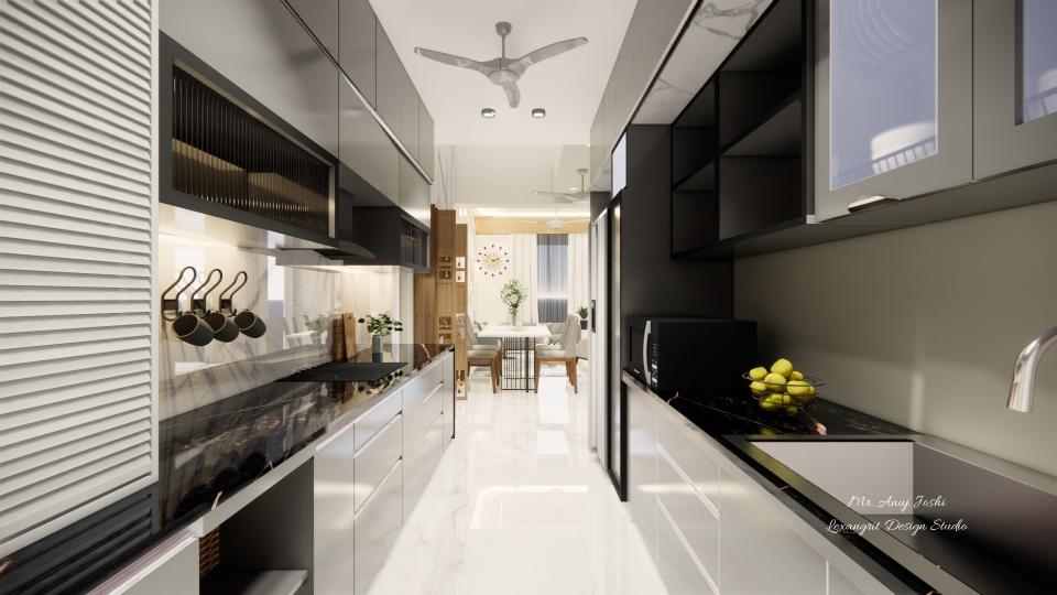 Modular Kitchen parallel shape showcasing dry area and wet area ,some storage