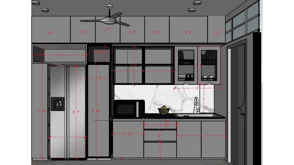 Modular Kitchen wet area and appliances view 2d dimensions