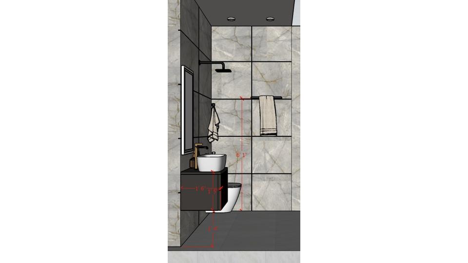Powder Bathroom showing shower area and wc area with towel rails 2d dimensions