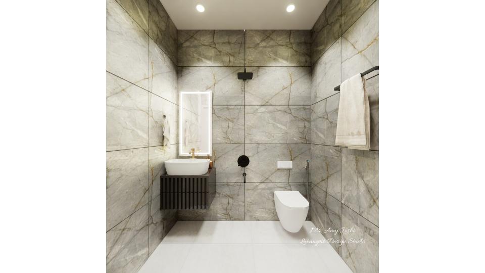 Powder Bathroom  small vanity unit with square shape mirror and wc ,shower area