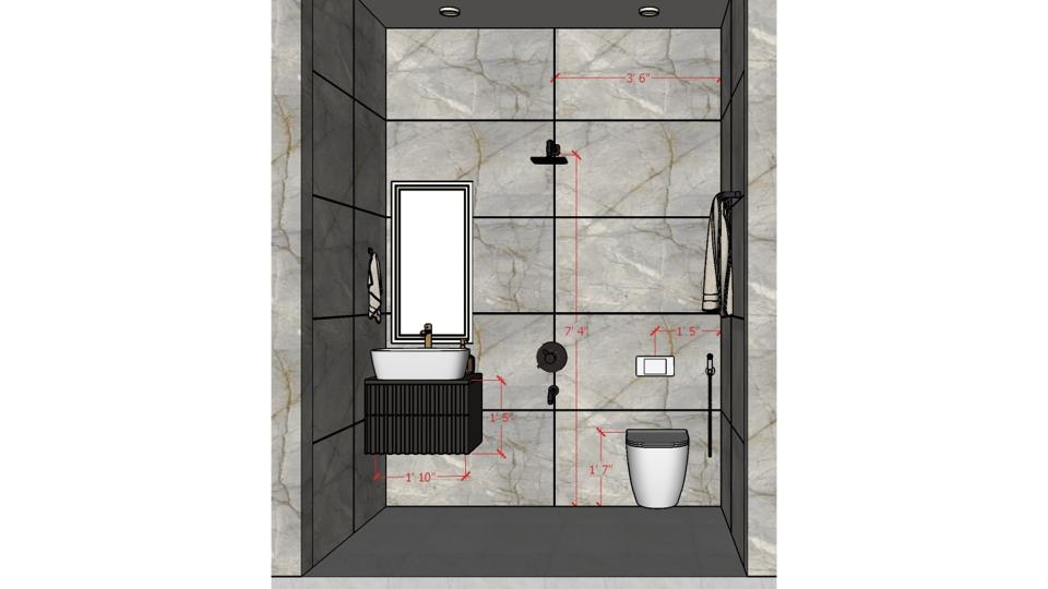Powder Bathroom vanity and wc area and shower area 2d dimensions