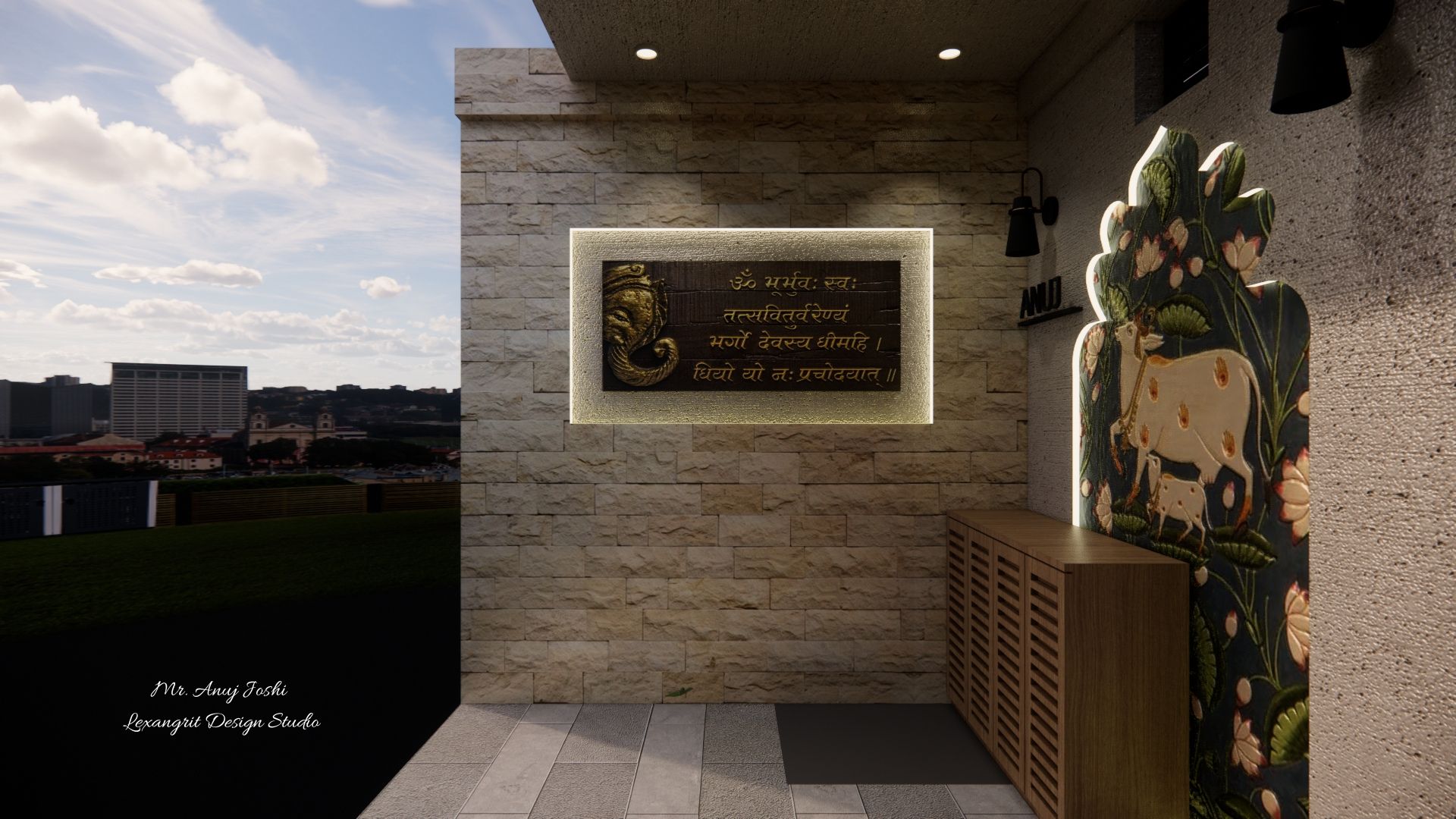 Katha curved on stone plate in porch