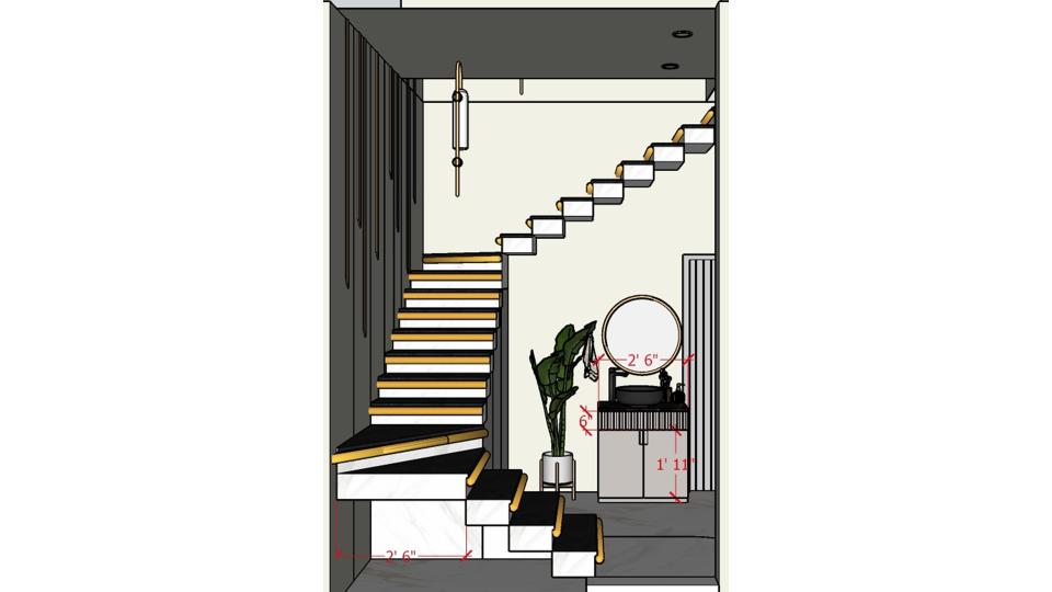 Staircase decorative wash basin unit with golden boarder circle shape mirror  2d dimensions