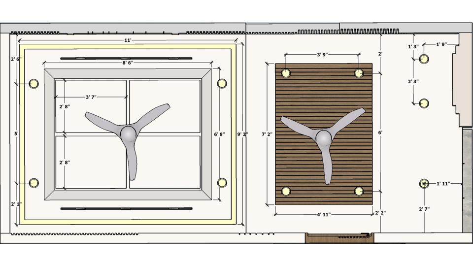 Living room  2 defferent design false ceiling with two fan 2d dimensions