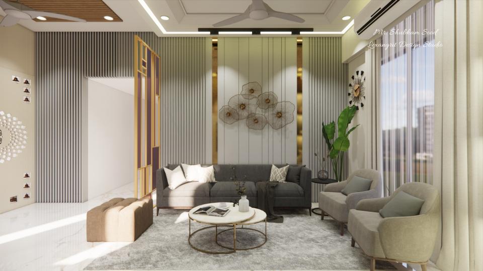 Living room comfortable seating area front of center table and decorative wall