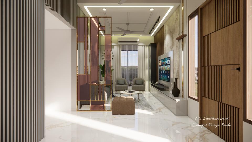 Living room showcasing partision and sleek tv unit with seating are