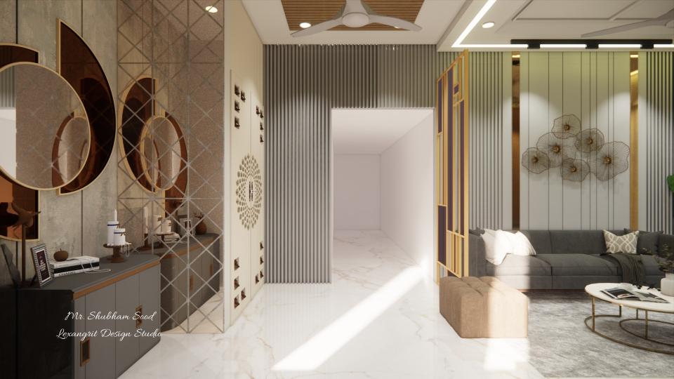 Living room showcasing wash basin ,puja unit area and comfortable seating area with wall partision