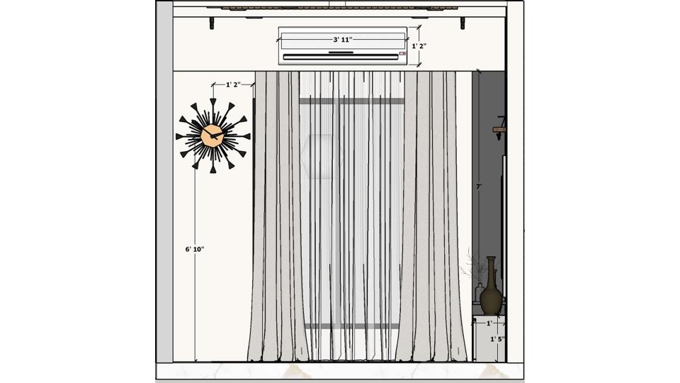 Living room wal partition and tv unit, seating area front of center table  2d dimensions