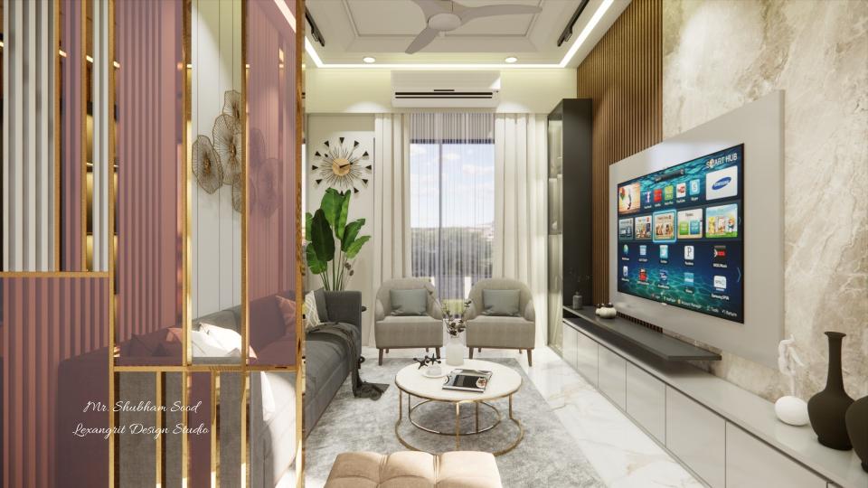 Living room wal partition and tv unit, seating area front of center table