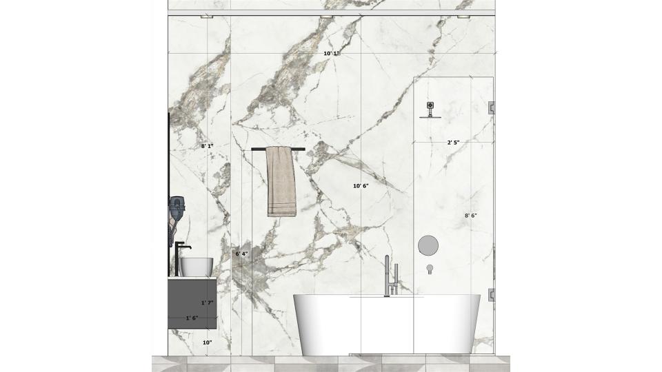 Master Bathroom shower area and vanity unit with half moon shape mirror  2d dimensions