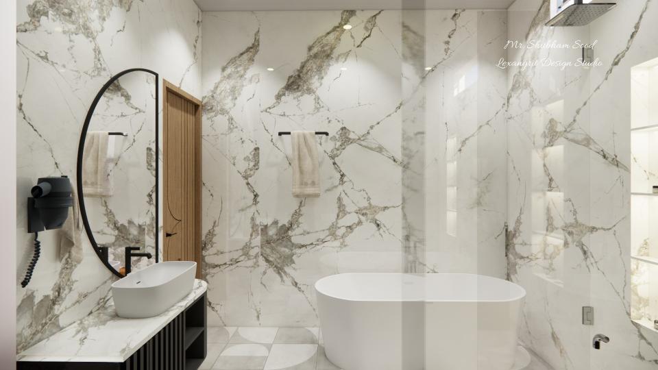 Master Bathroom shower area and vanity unit with half moon shape mirror