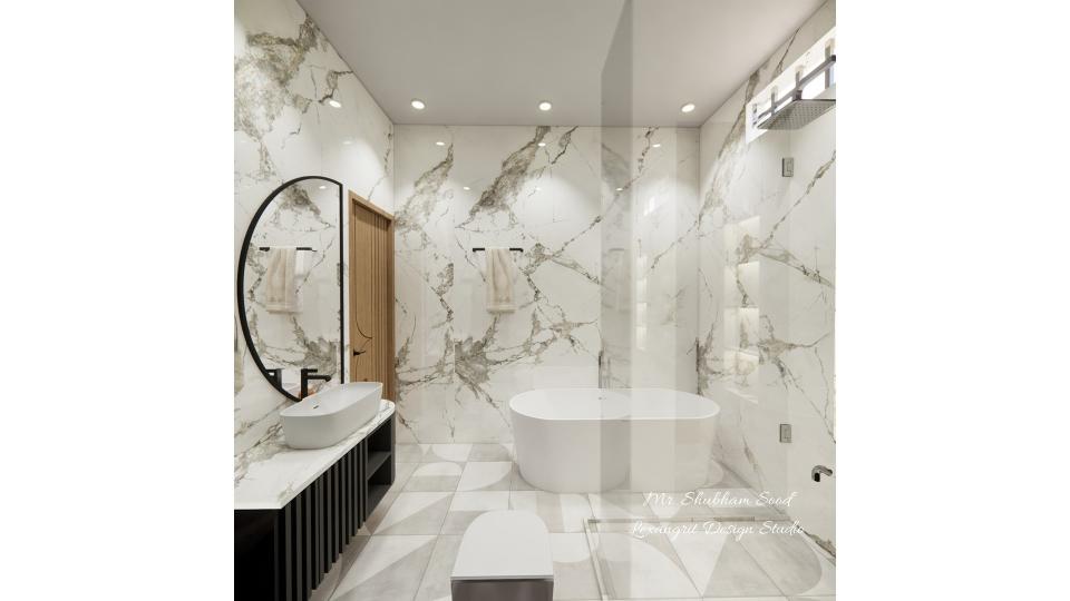 Master Bathroom shower area and vanity unit with half moon shape mirror