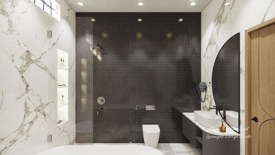 Master Bathroom shower area and vanity unit with half moon shape mirror