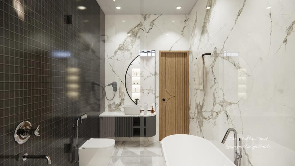 Master Bathroom shower area,wc area and vanity unit with half moon shape mirro