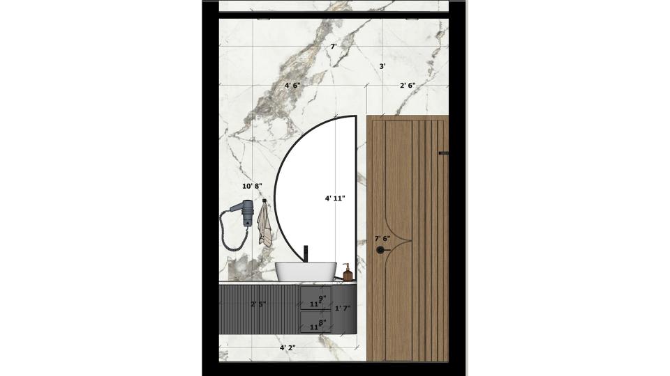 Master Bathroom  vanity unit half moon shape mirror 2d dimensions