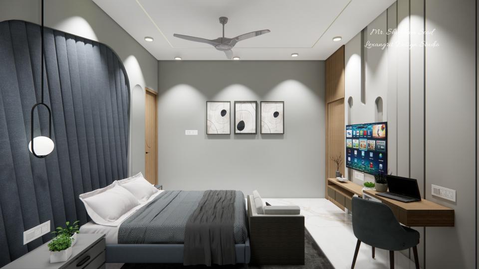 Master bedroom showcasing luxurious bed,side table and decorative head board wall  , small study unit and sleek tv unit